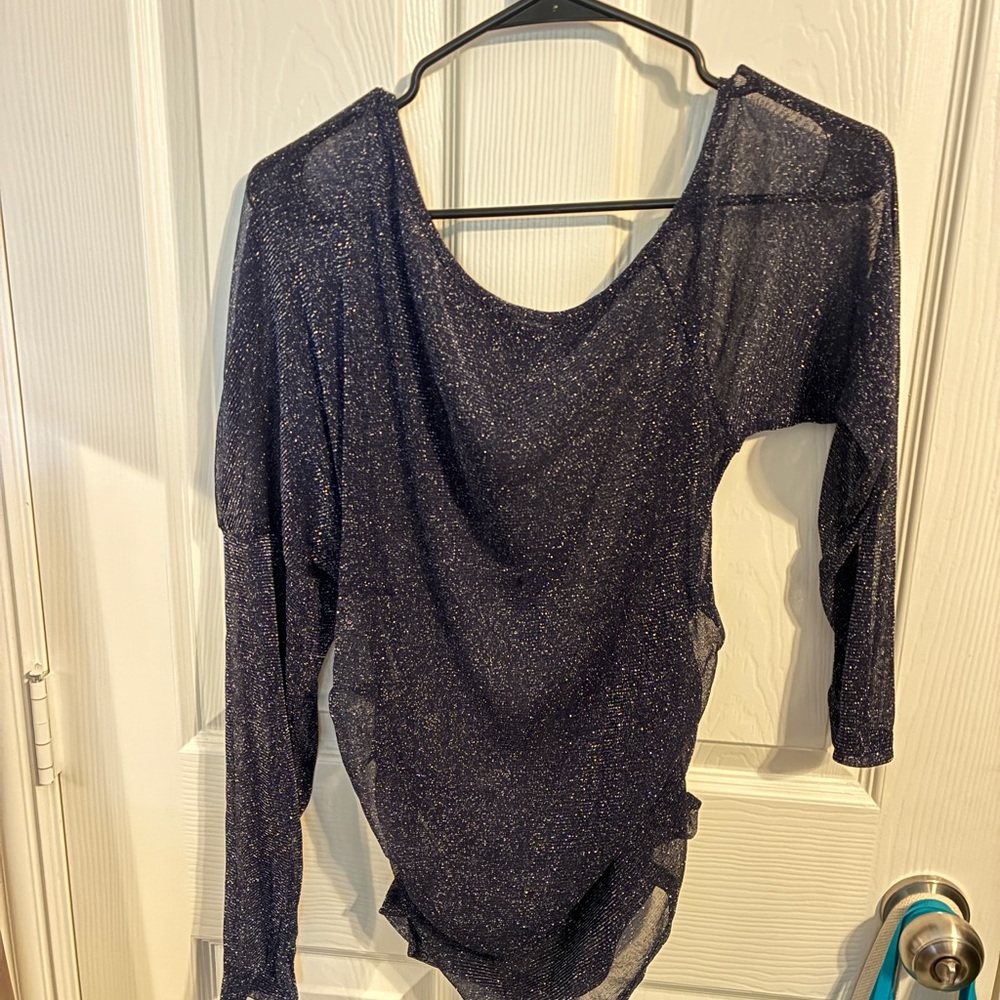 Elegant Navy Glitter & Burgundy Long Sleeve Sheer Top